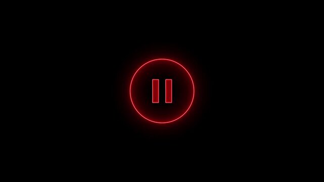 Red Neon Pause Button Icon on Dark Background symbol.  media player pause icon animation sign symbol on black background .