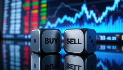 Buy and Sell Dice on Reflective Surface with Stock Market Background