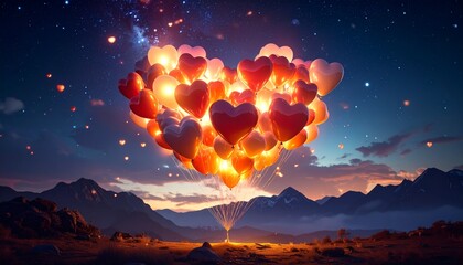 A breathtaking spectacle of illuminated heart-shaped balloons ascending into a starry night sky over a serene mountain landscape