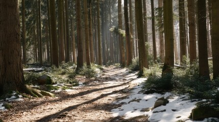 Fototapeta premium Serene forest path enchanted woodland nature photography calm environment ground level tranquility in nature