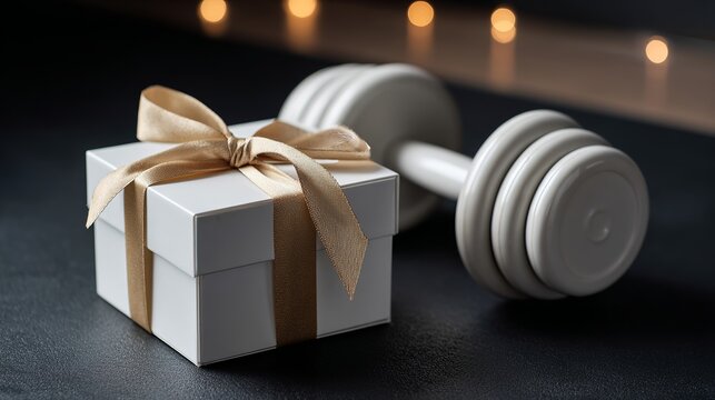 Thoughtful gift of fitness equipment presented beautifully with a golden ribbon, symbolizing health and wellness as a cherished present.