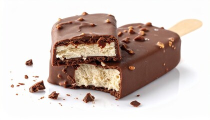 Chocolate-covered ice cream bar with bite revealing vanilla center and scattered chunks on white background