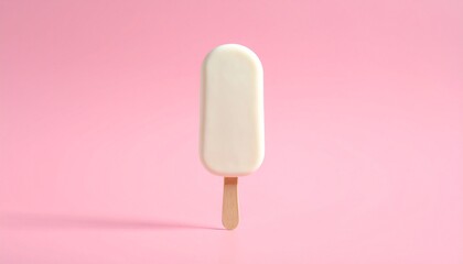 “White ice cream bar with smooth glossy surface and wooden stick on pink background