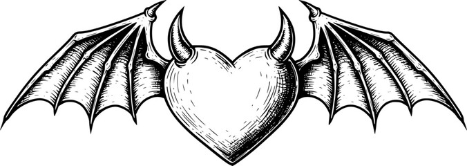 Love Shape Heart with Devil Bat Wings Black and White Outline Line Art Drawing Engraving Style
