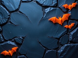 Orange paper bats on cracked blue stone surface