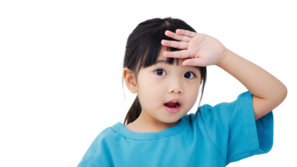 Young girl with surprised expression raises hand to forehead in bright blue shirt against plain background showing playful attitude