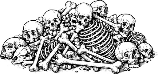 Pile of Bones Black and White Outline Line Art Drawing of Skeleton Parts Ancient Style Isolated
