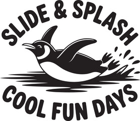 Black and white cartoon penguin sliding and splashing water with text vector