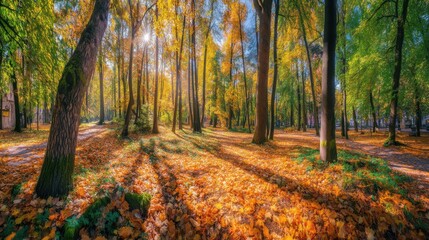 Fototapeta premium Autumn leaves falling serene forest nature scene vibrant colors ground perspective seasonal change