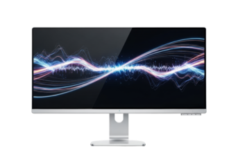 Ultra-thin silver monitor with invisible interface, multi-colored abstract digital display, and futuristic data visualizations on a transparent background with copy space, concept of innovative