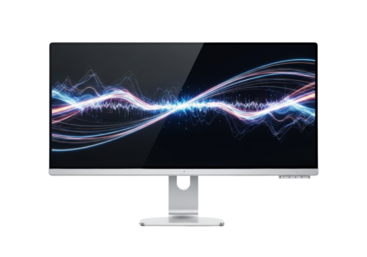 Ultra-thin silver monitor with invisible interface, multi-colored abstract digital display, and futuristic data visualizations on a transparent background with copy space, concept of innovative - Powered by Adobe