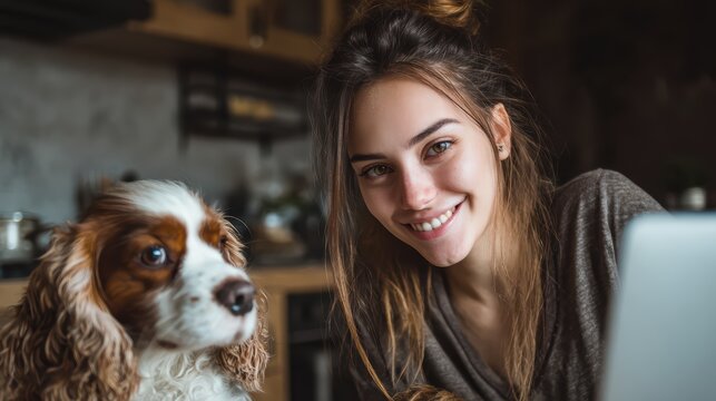 Delightful Young Woman Enjoying a Digital Moment with Her Furry Companion in a Modern Kitchen, Perfect for Lifestyle Brands Seeking Warmth and Connection Emphasizing Creativity and.