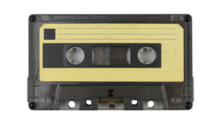 Classic audio cassette tape with a yellow paper label and black markings, isolated on transparent background