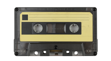Classic audio cassette tape with a yellow paper label and black markings, isolated on transparent background