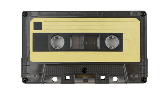 Classic audio cassette tape with a yellow paper label and black markings, isolated on transparent background