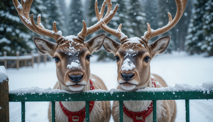 Festive Winter Scene Featuring Two Reindeer Behind Fence