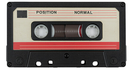 Obraz premium A vintage audio cassette tape with a red stripe and label indicating position normal, isolated on a transparent background