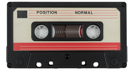 A vintage audio cassette tape with a red stripe and label indicating position normal, isolated on a transparent background