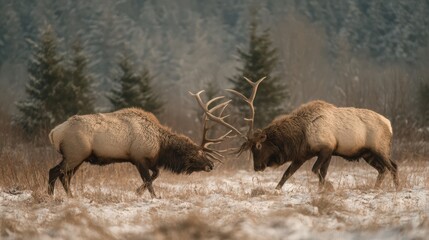 Dramatic Elk Clash Majestic Bulls Butting Heads in Snowy Benezette, Pennsylvania Perfect for HighImpact Campaigns or Seasonal Marketing, Boosting Energy and Adrenaline.