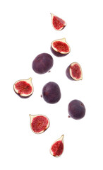 Flying fresh ripe figs on white background
