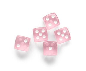 Many pink game dices on white background