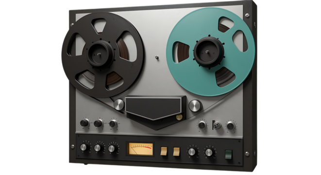 Vintage reel to reel audio tape recorder with two large reels isolated on transparent background