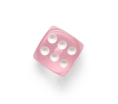 Pink game dice on white background
