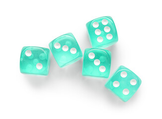 Many turquoise game dices on white background