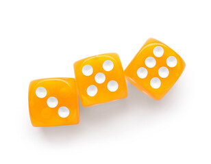 Orange game dices on white background