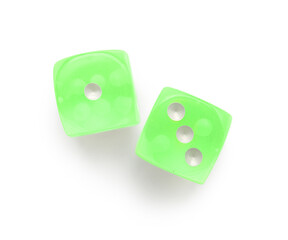 Green game dices on white background