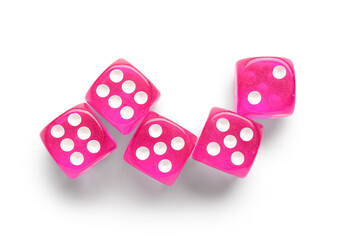 Many pink game dices on white background