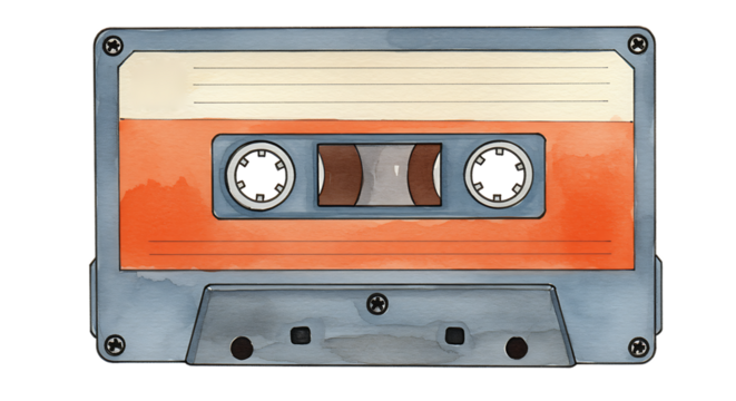 Watercolor illustration of a vintage audio cassette tape with orange and cream label, isolated on transparent background