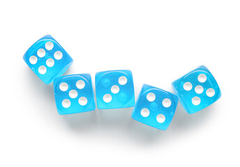 Many blue game dices on white background
