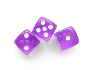 Purple game dices on white background