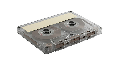 Fototapeta premium A clear plastic audio cassette tape isolated on a transparent background, showcasing its internal spools and mechanism for analog sound recording and playback