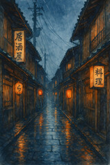 Fototapeta premium A street scene with a lot of Asian signs and lanterns