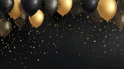 Elegant black and gold balloons with shimmering confetti create a luxurious atmosphere for any celebration, party, or event announcement.
