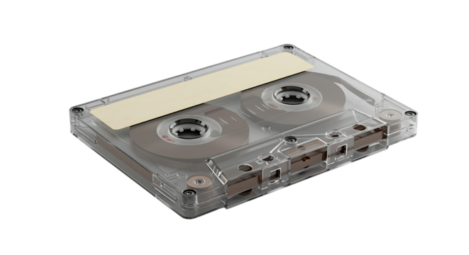 A clear plastic audio cassette tape isolated on a transparent background, showcasing its internal spools and mechanism for analog sound recording and playback