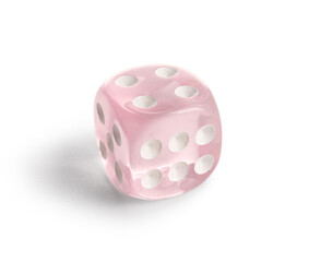 Pink game dice on white background