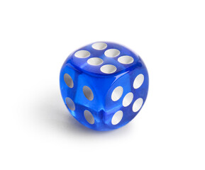 Blue game dice on white background