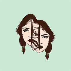 Vector design of a painting of a woman's face full of riddles and with a flat expression, very suitable to be used as a poster painting in the house