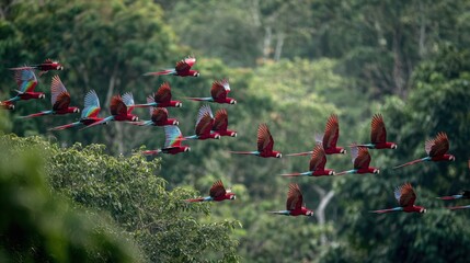 Vibrant Flock of Scarlet, Red, and Green Macaws Soaring Through a Clear Sky Ideal for HighEnergy Campaigns, Boosting Creativity and Excitement.