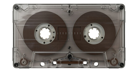 Clear plastic cassette tape showing internal reels and mechanism, isolated on transparent background