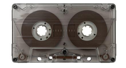 Clear plastic cassette tape showing internal reels and mechanism, isolated on transparent background