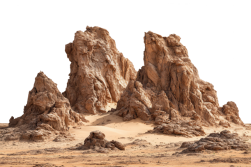 Majestic craggy rock formations emerge from a sandy desert floor against a solid  isolated on transparent background, perfect cutout, PNG