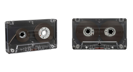 Fototapeta premium Two transparent audio cassette tapes isolated on transparent background, vintage technology for music and sound recording