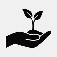 Silhouette hand holding seedling sapling growing plant in soil vector illustration