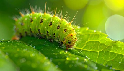 Naklejka premium caterpillars walking on green leaves