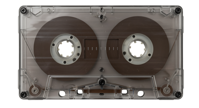 Clear plastic cassette tape showing internal reels and mechanism, isolated on transparent background