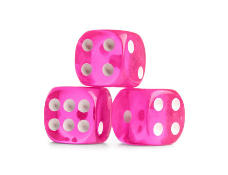 Pink game dices on white background
